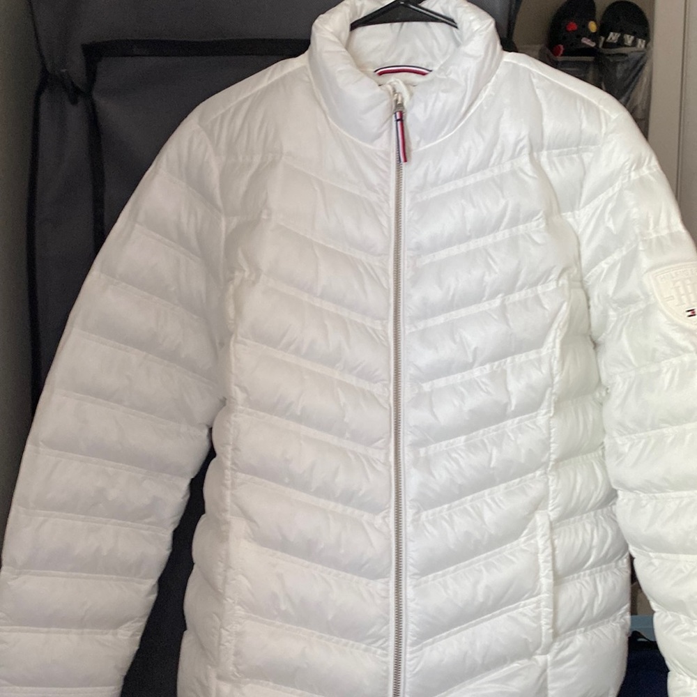 Tommy Hilfiger  size Large in White with navy red around cuff.  New condition